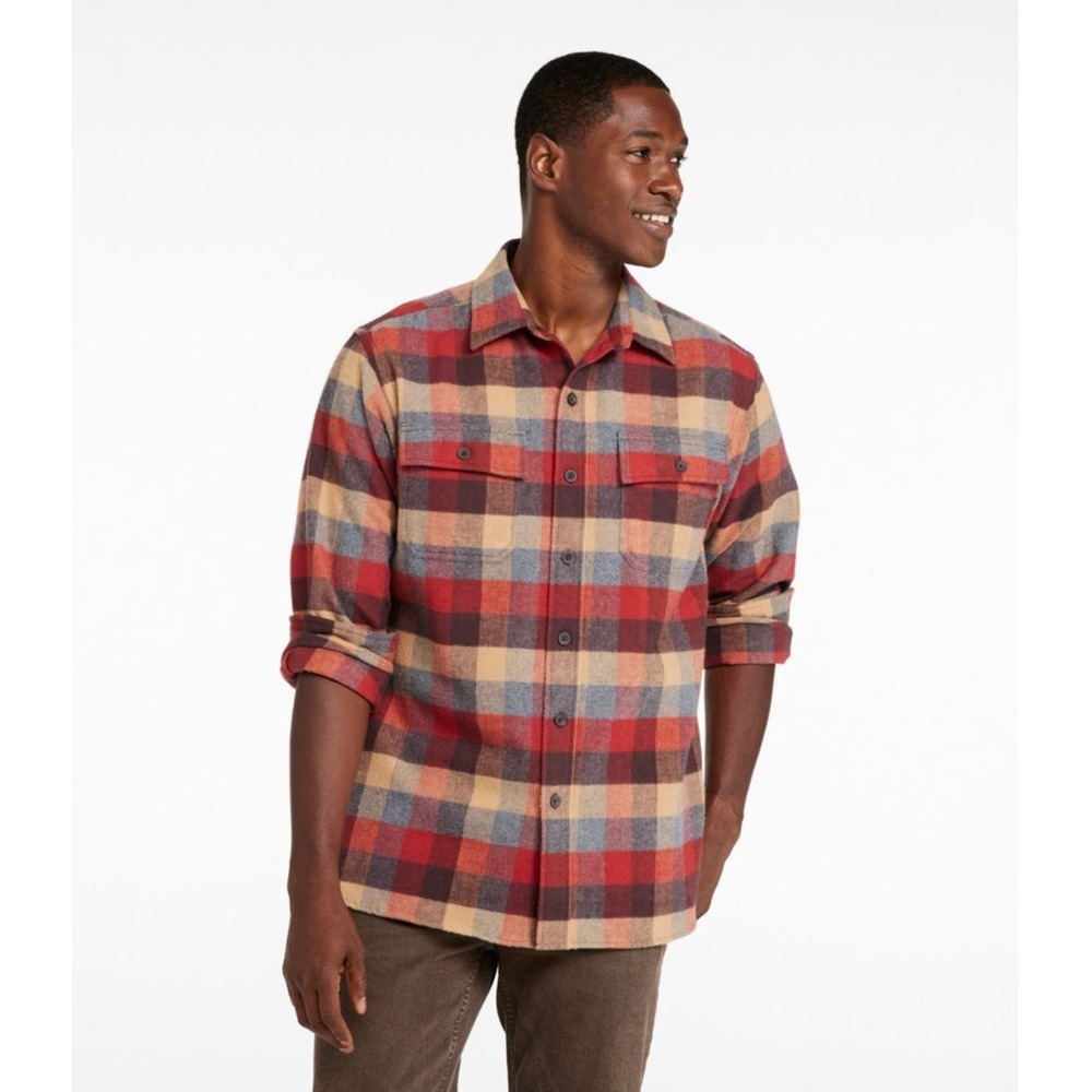 LL Bean Mens L TALL Flannel Chamois Shirt Plaid Button Down Long Sleeve Outdoor